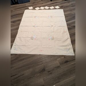 Floral Embroidered Tablecloth with  6 Napkins. Off White . Pink Green And Blue.